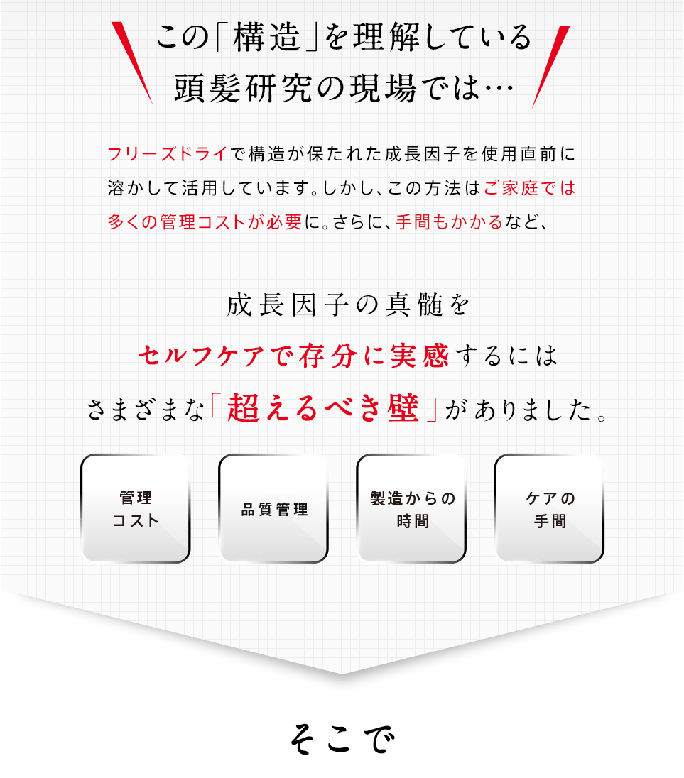 この「構造」を理解している頭髪研究の現場では…フリーズドライで構造が保たれた成長因子を使用直前に溶かして活用しています。しかし、この方法はご家庭では多くの管理コストが必要に。さらに、手間もかかるなど、成長因子の真髄をセルフケアで存分に実感するにはさまざまな「超えるべき壁」がありました。そこで