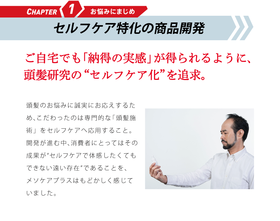 CHAPTER1 お悩みにまじめ 研究成果の応用に挑む ご自宅でも「納得の実感」が得られるように、頭髪研究の“セルフケア化”を追求。頭髪のお悩みに誠実にお応えするため、こだわったのは専門的な「頭髪研究」をセルフケアへ応用すること。研究が進歩するなか、消費者にとってはその成果が“体感したくてもできない遠い存在”であることを、メソケアプラスはもどかしく感じていました。