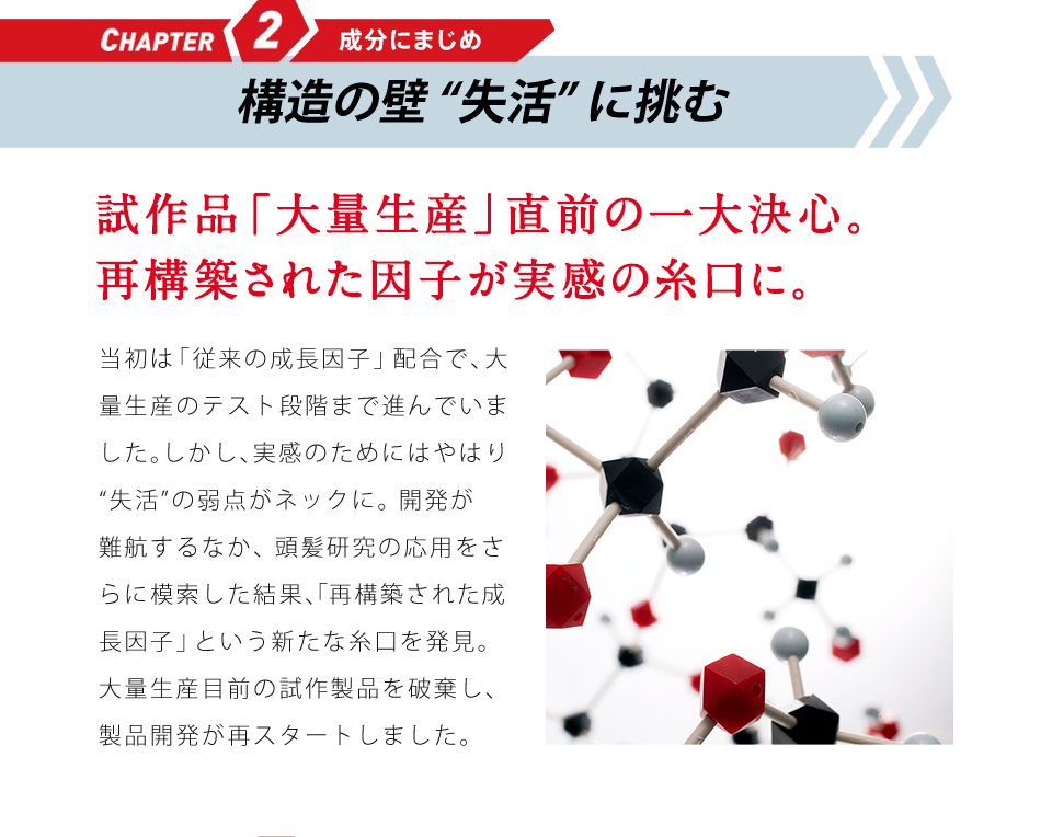 CHAPTER2 成分にまじめ 因子構造の壁に挑む 試作品「大量生産」直前の一大決心。再構築された因子が実感の糸口に。当初は「従来の成長因子」配合で、大量生産のテスト段階まで進んでいました。しかし、実感のためにはやはり「因子構造」がネックに。開発が難航するなか、頭髪研究の応用をさらに模索した結果、「再構築された成長因子」という新たな糸口を発見。大量生産直前の試作製品を廃棄し、製品開発が再スタートしました。