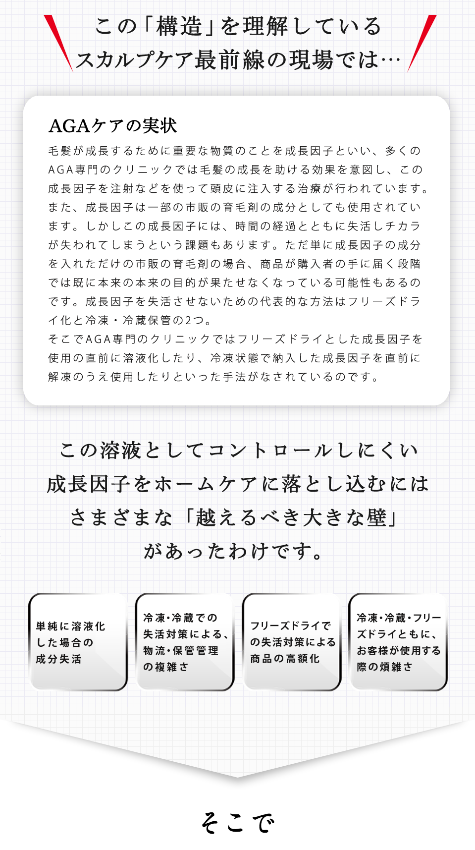 この「構造」を理解している頭髪研究の現場では…フリーズドライで構造が保たれた成長因子を使用直前に溶かして活用しています。しかし、この方法はご家庭では多くの管理コストが必要に。さらに、手間もかかるなど、成長因子の真髄をセルフケアで存分に実感するにはさまざまな「超えるべき壁」がありました。そこで