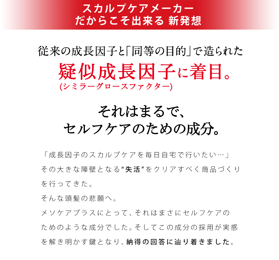 頭髪研究から、新発想 従来の成長因子と「同等の目的」で造られた「構造の異なる」因子に着目。それはまるで、セルフケアのために生まれた成分。「成長因子をセルフケアで存分に活かせれば…」 そんな頭髪の悲願へ。頭髪研究の現場も注目する因子群。ご家庭に“納得の実感”をお届けすることを追求してきたメソケアプラスにとって、それはセルフケアのために生まれたような成分でした。そしてこの成分が実感を解き明かす鍵となり、独自研究の末に納得の回答に到達。