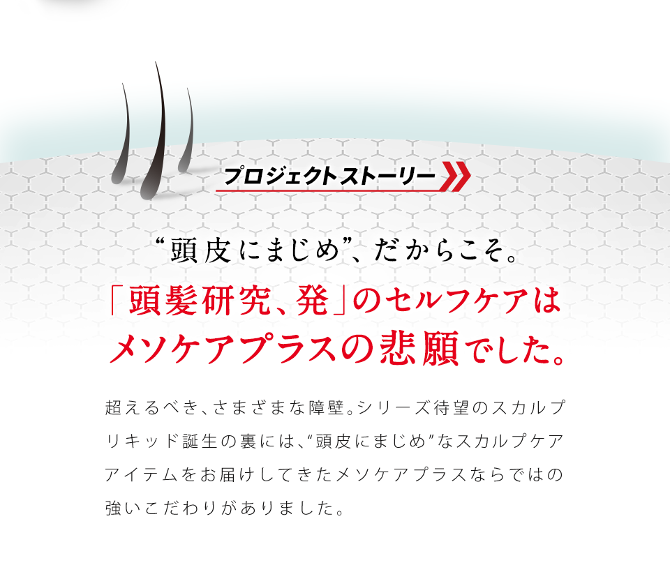 プロジェクトストーリー “頭皮にまじめ”、だからこそ。「頭髪研究、発」のセルフケアはメソケアプラスの悲願でした。超えるべき、さまざまな障壁。シリーズ待望のスカルプエッセンス誕生の裏には、“頭皮にまじめ”なスカルプケア&ヘアケアアイテムをお届けしてきたメソケアプラスならではの強いこだわりがありました。