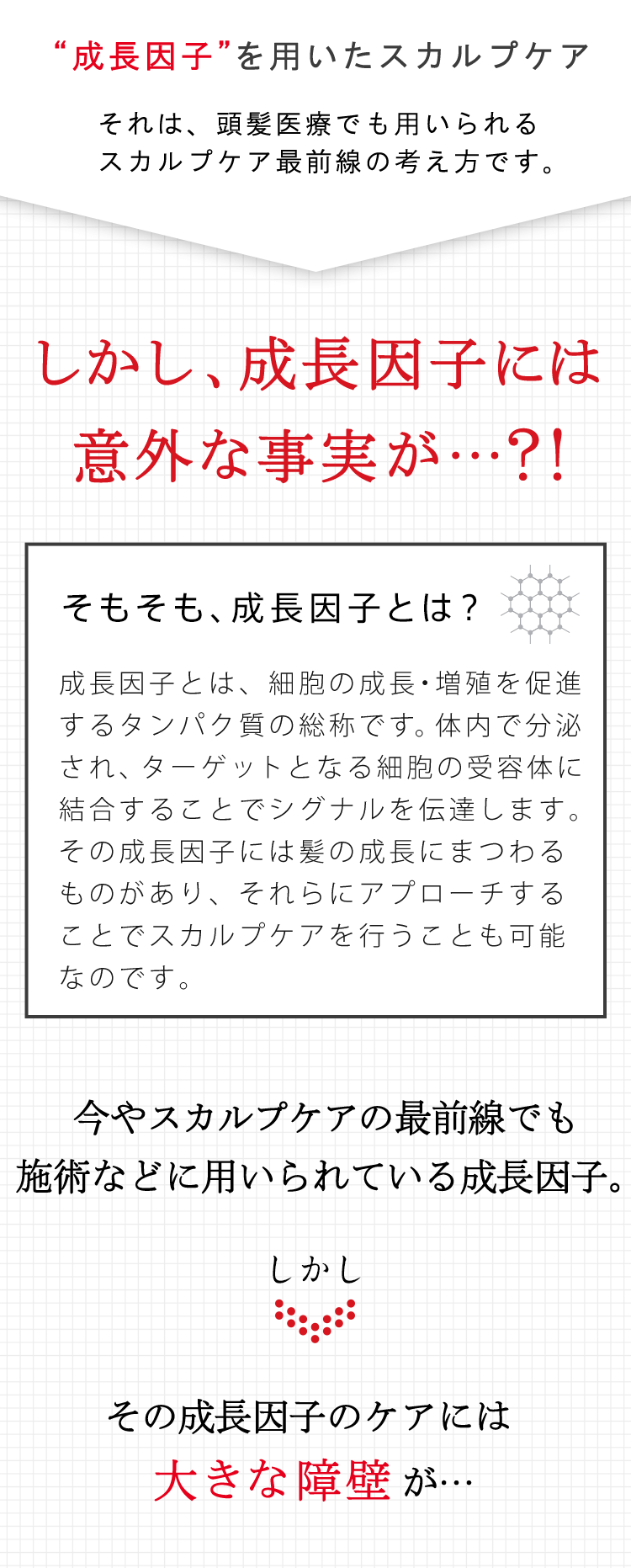 頭髪研究、発 のこだわり すべては頭皮と頭髪のために。納得できるものだけを。開発の信念に基づき、メソケアプラスは構造にまで立ち戻って考えました。構造を知れば、「再構築」された成長因子。理想を追求し続けてきた私たちにとっては、まさしく「セルフケアのために生まれたような成分」だったのです。成長因子の「再構築」工程 1. グロースファクター 従来の成長因子 2. 鍵 の先端部分をもとに 3. シミラーグロースファクター 再構築された成長因子 「同等の目的」で再構築