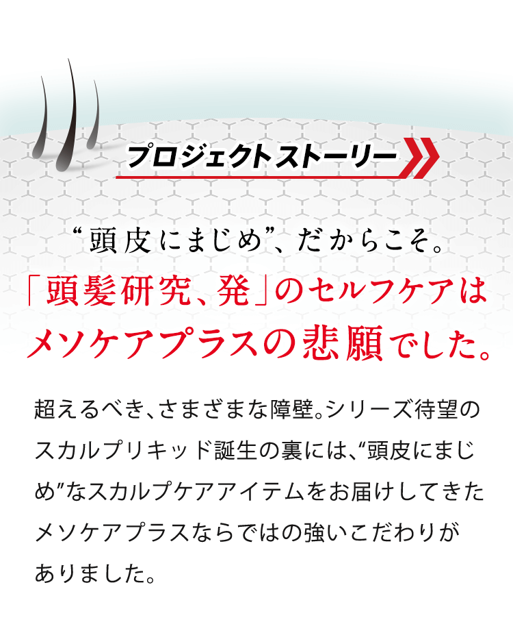 プロジェクトストーリー “頭皮にまじめ”、だからこそ。「頭髪研究、発」のセルフケアはメソケアプラスの悲願でした。超えるべき、さまざまな障壁。シリーズ待望のスカルプエッセンス誕生の裏には、“頭皮にまじめ”なスカルプケア&ヘアケアアイテムをお届けしてきたメソケアプラスならではの強いこだわりがありました。