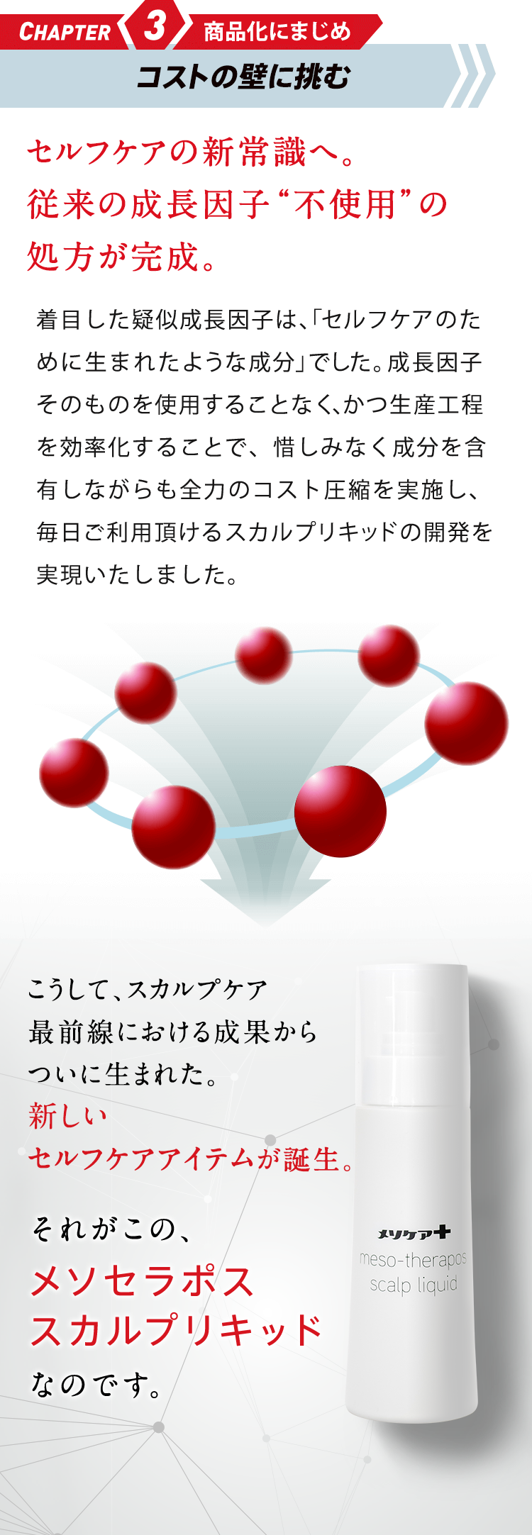CHAPTER3 配合にまじめ コストの壁に挑む セルフケアの新常識へ。従来の成長因子“不使用”の処方が完成。再構築された成長因子は、コストカットの観点からも「セルフケアのために生まれたような成分」でした。同等の目的を持つ「従来の成長因子」は不要となり、余分なコストをかけることなく頭髪研究の成果をご家庭へお届けすることが可能に。メソケアプラスは、この“目的”にこだわって７つの因子を厳選し、スカルプエッセンスに凝縮しました。こうして、頭髪研究の現場、その研究成果からついに新しいセルフケアが誕生。それがこの、メソセラポス スカルプリキッドなのです。